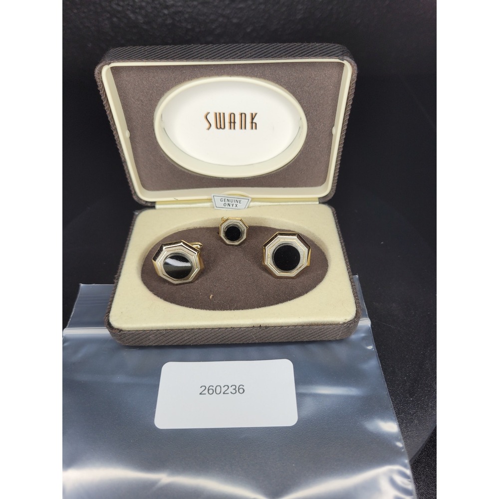 Swank Cufflinks Tie Tack Set Black Genuine Onyx Gold Tone Octagon Excellent